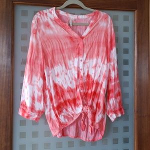 Coral (not pink) and white blouse